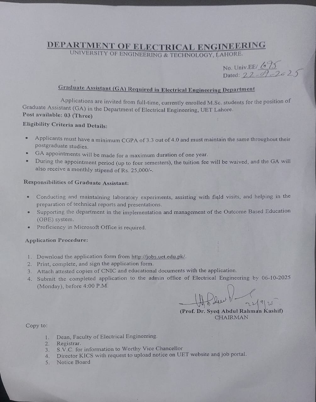 Graduate Assistant (GA) Required is Mining Engineering Department, UET  Lahore - Monday 9/22/25, 3:54 AM